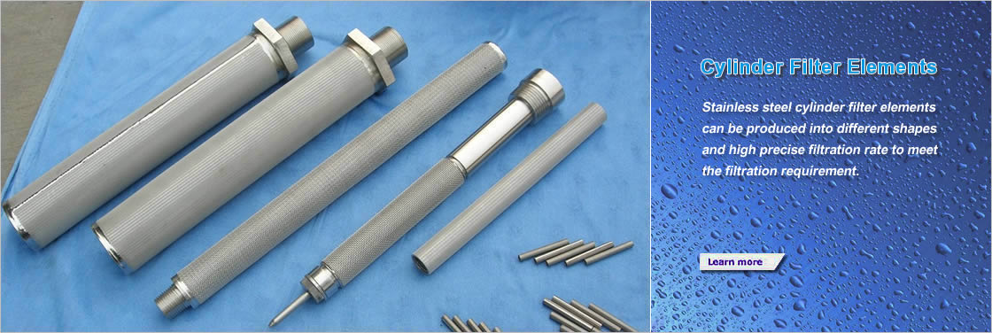 Five different shapes and sizes stainless steel cylinder filter elements on blue cloth